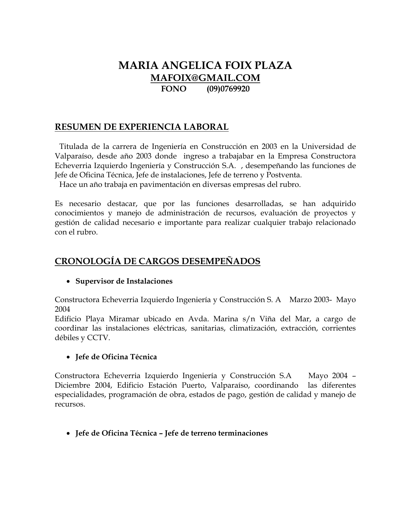 Resumen De Experiencia Laboral