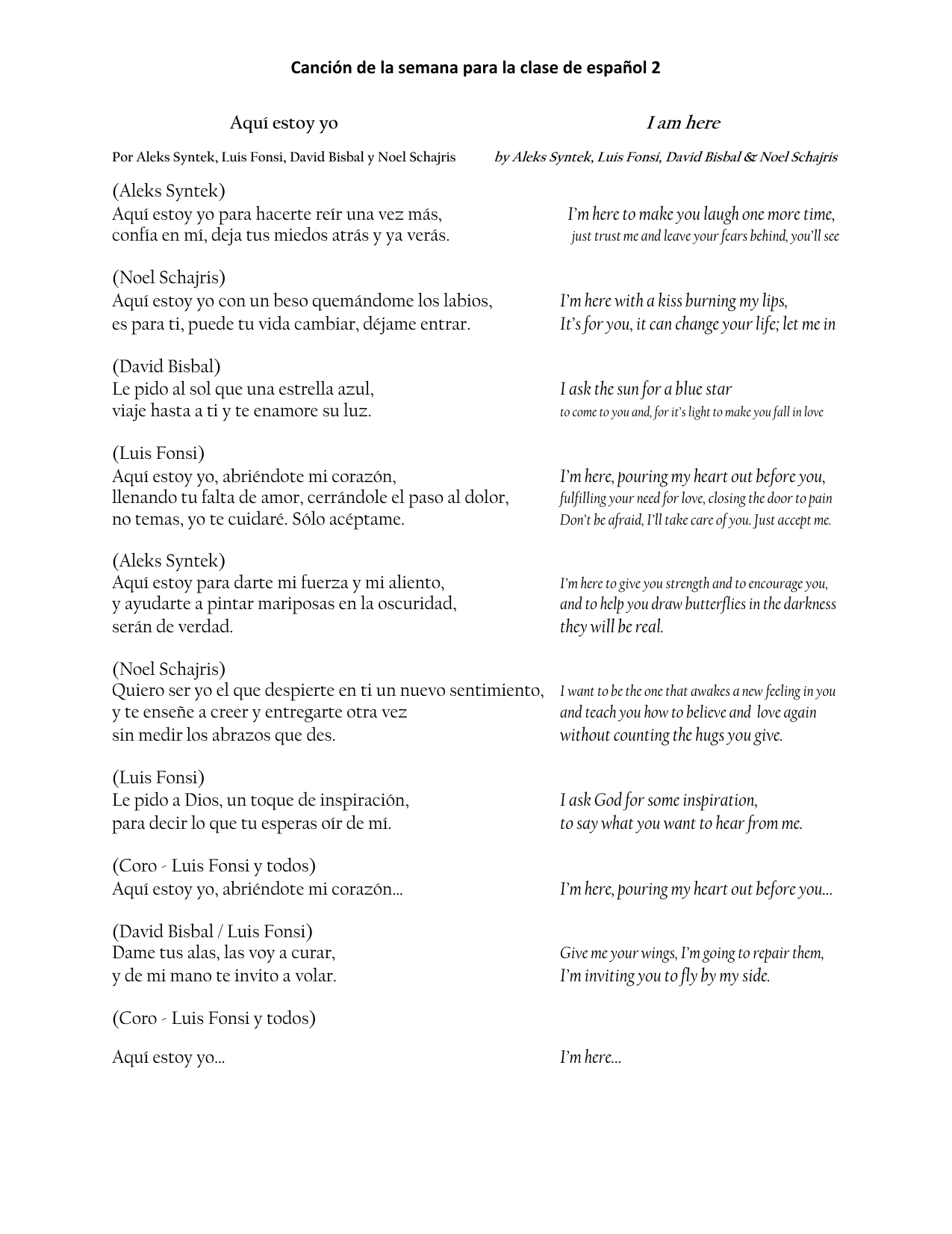 Aqui Estoy Yo Luis Fonsi Ft Aleks Syntek Noel Schajris David Bisbal Lyrics Youtube