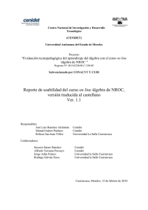 Reporte de usabilidad del curso on line álgebra de NROC, versión