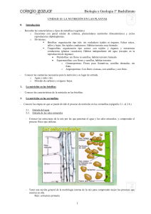 Biología y Geología 1º Bachillerato UNIDAD 10: LA NUTRICIÓN EN