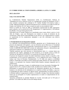 Declaracion de la IV Cumbre sindical UE-América Latina y
