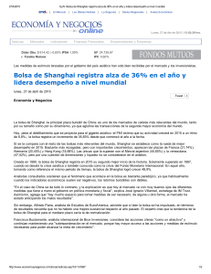 Bolsa de Shanghai registra alza de 36% en el año y lidera