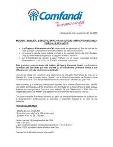 MOZART, INVITADO ESPECIAL EN CONCIERTO QUE COMFANDI