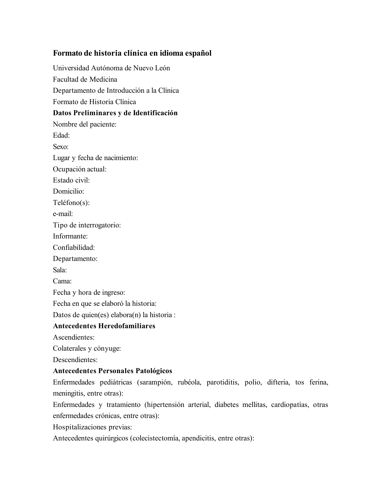 Formato De Historia Clinica En Idioma Espanol