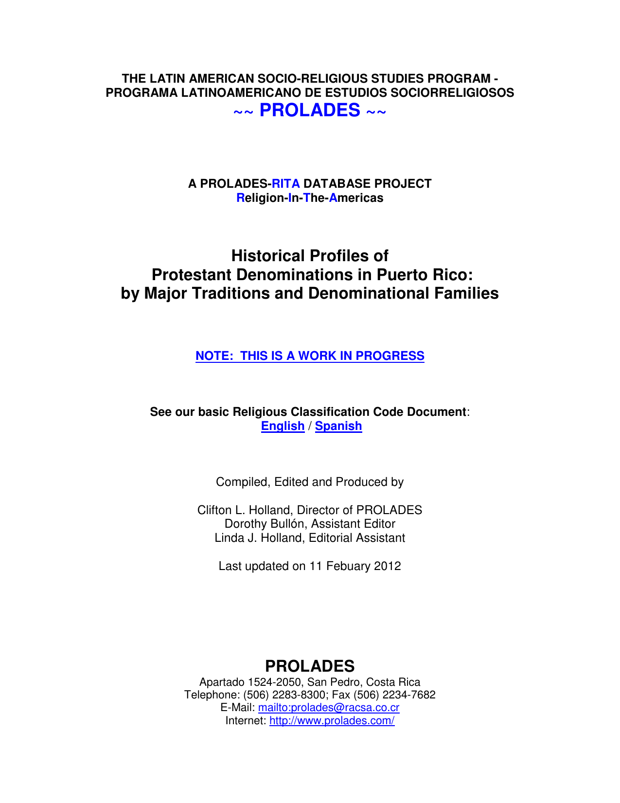 Historical Profiles Of Protestant Denominations In Puerto Rico
